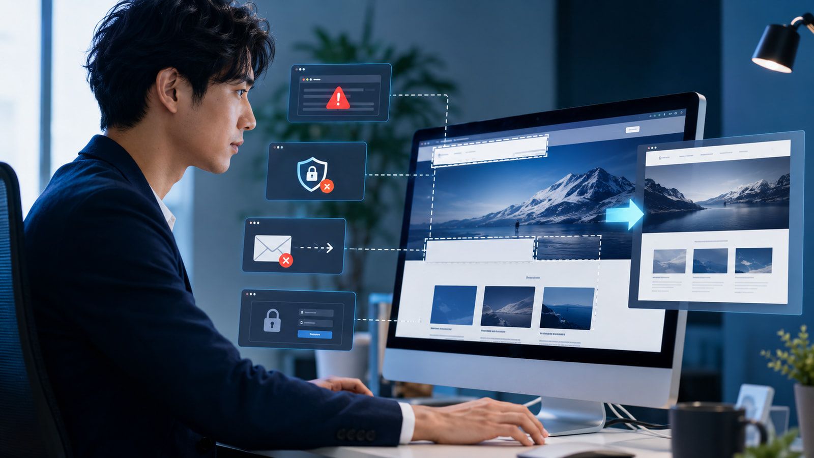 画面に向かう担当者と、エラー・SSL・メール送信・ログインの警告が一つずつ解消されていく様子