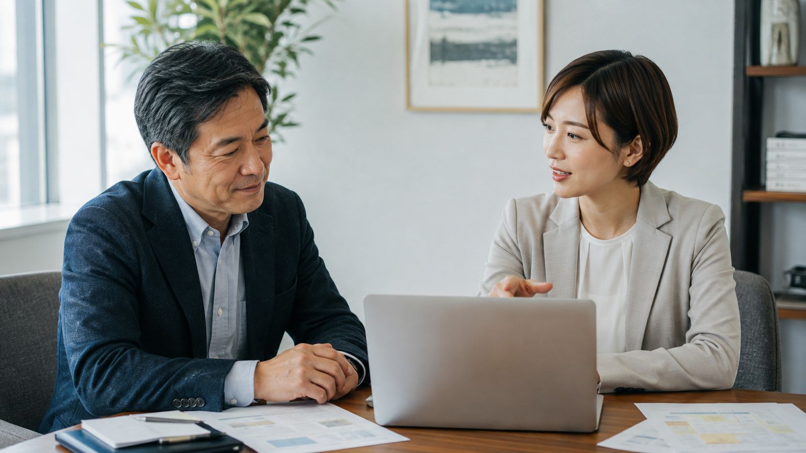 ノートパソコンと資料を挟んで、担当者が相談者に説明している打ち合わせの様子